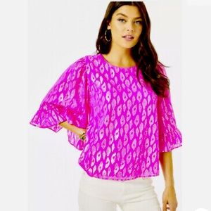 NEW Lilly Pulitzer FRANCIS FLOUNCE SLEEVE SILK TOP Raz Berry Leopard Metallic